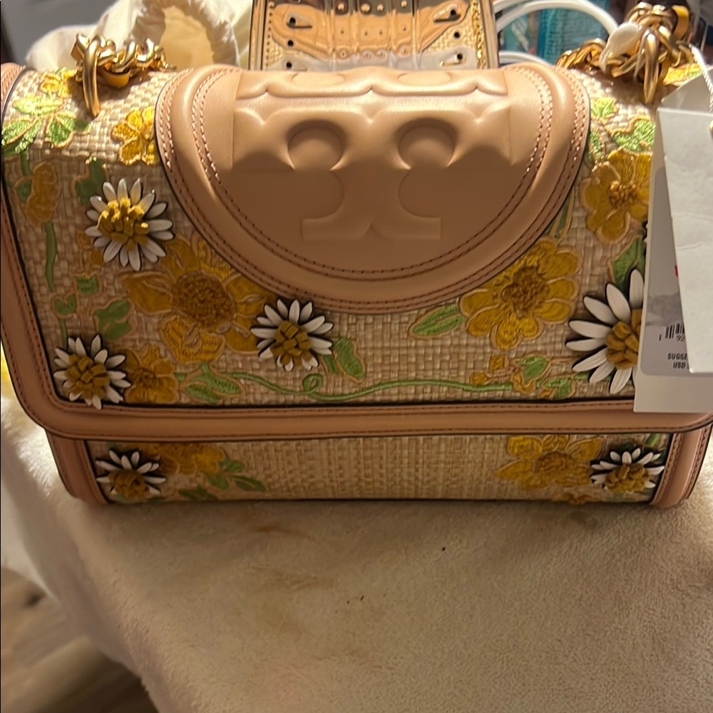 Tory Burch Floral Embroidered Tan Bag